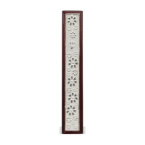15cm Mezuzah with Flower Patterned Silver Plate and Shin in Wood