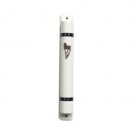 Plastic Mezuzah with Black Stripes and Silver Shin in White