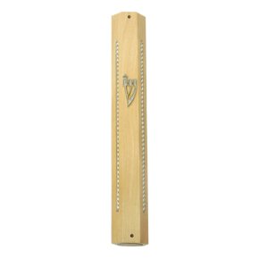 10 Centimeter Octagonal Mezuzah with Silver Chains and Shin in Brown Wood