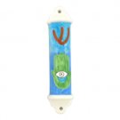 7 Centimeter Ceramic Mezuzah with Hamsa Design and Hebrew Letter Shin