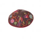 Yair Emanuel Bordeaux Cotton Hand Embroidered Kippah with Bird Motif