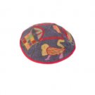 Yair Emanuel Gray and Red Cotton Hand Embroidered Kippah with Lion Motif