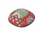 Yair Emanuel Red Cotton Hand Embroidered Kippah with Jerusalem Design