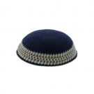 22 Centimeter Navy Blue Knitted Kippah with Multi-Colored Stripes
