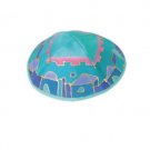 Yair Emanuel Turquoise Silk Kippah with Multicolor Jerusalem motif