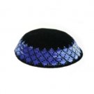 16 Centimeter Tightly-Knitted Kippah in Black with Royal Blue Geometric Border