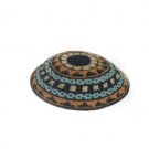 15 cm brown and blue knitted Kippah with circular design