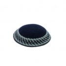 15 cm navy blue knitted kippah with gray patterned border