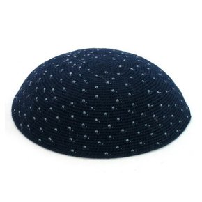 17 Centimeter Blue Knitted DMC Style Kippah with Blue Dots and Thick Yarn
