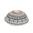 16 Centimeter Knitted Kippah in White with All-Over Pattern in Blues and Browns