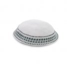 17cm White Knitted Kippah with Blue and White Dotted Lines
