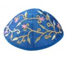 Yair Emanuel Blue Machine Embroidered Kippah with Floral Design