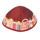 Yair Emanuel Magenta Machine Embroidered Kippah with Jerusalem Design