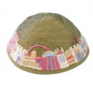 Yair Emanuel Gold Machine Embroidered Kippah with Jerusalem Design