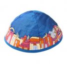 Yair Emanuel Blue Machine Embroidered Kippah with Jerusalem Design