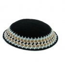 17 Centimeter Black Knitted Kippah with Blue and Brown Stripes and Diamonds