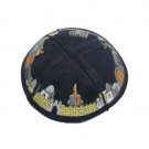 16 cm suede kippah with a scene of Jerusalem
