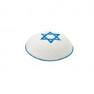 17 Centimeter Wide White Knitted Kippah with Blue Stripe and Star of David