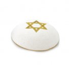 17 cm. White Wool Knitted Kippah with Gold Embroidering of  Magen David