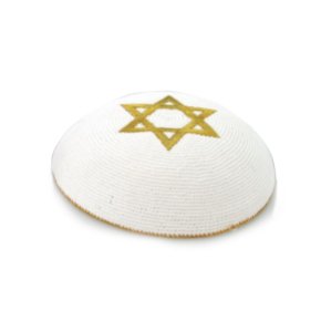 17 cm. White Wool Knitted Kippah with Gold Embroidering of  Magen David