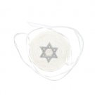 7cm White Knitted Kippah with Silver Star of David and Ribbon Ties
