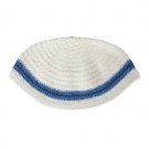 24 cm. White Wool Kippah with Blue Border