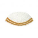 21 Centimeter Knitted Frik Kippah in White with Light Brown Border Pattern