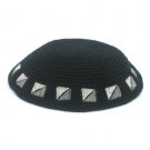 Black Knitted Kippah with Embroidered Silver Squares