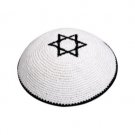 White Knitted Kippah with Black Star of David and Stripe