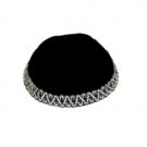 Black Velvet Kippah with Embroidered Silver Zigzag Pattern