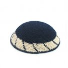 20cm Dark Blue Knitted Kippah with Beige Stripe