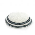 15 cm knitted kippah in white with multi-colored striped border