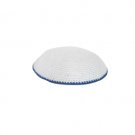 16 Centimeter White Knitted Kippah with Dark Blue Edging and Thick Yarn