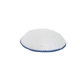 16 Centimeter White Knitted Kippah with Dark Blue Edging and Thick Yarn