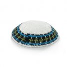 15 cm. White Wool Knitted Kippah with Blue and Green Boundary