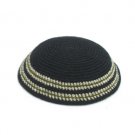 17 cm. Black Wool Knitted Kippah with a Green Double Stripe