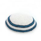 17 Centimeter Knitted Kippah in White with Blue Double Stripe Pattern