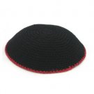 15 Centimeter Jet Black Knitted Kippah with Scarlet Red Edging