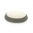 17 cm. White Wool Knitted Kippah with Black and Gold Border