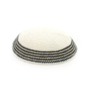17 cm. White Wool Knitted Kippah with Black and Gold Border