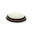 17cm White Knitted Kippah with Brown and Black Stripes
