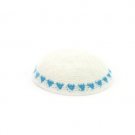 17cm White Knitted Kippah with Blue Trinagles