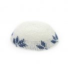 20cm White Knitted Kippah with Blue Leaves