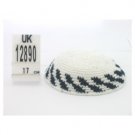 17 Centimeter White Knitted Kippah with Black Diagonal Line Pattern