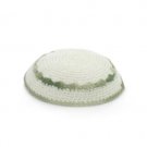 16 cm. White Wool Knitted Kippah with Green Rings.