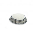 15cm White Knitted Kippah with Beige and Blue Stripes