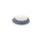 17cm White Knitted Kippah with Blue and Green Stripes