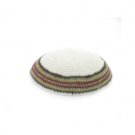 17cm White Knitted Kippah with Green and Brown Stripes