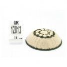 16 Centimeter White Knitted Kippah with Green Rim and Flower Middle