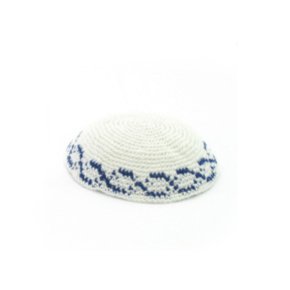 17 cm. White Wool Knitted Kippah with Blue Boundary